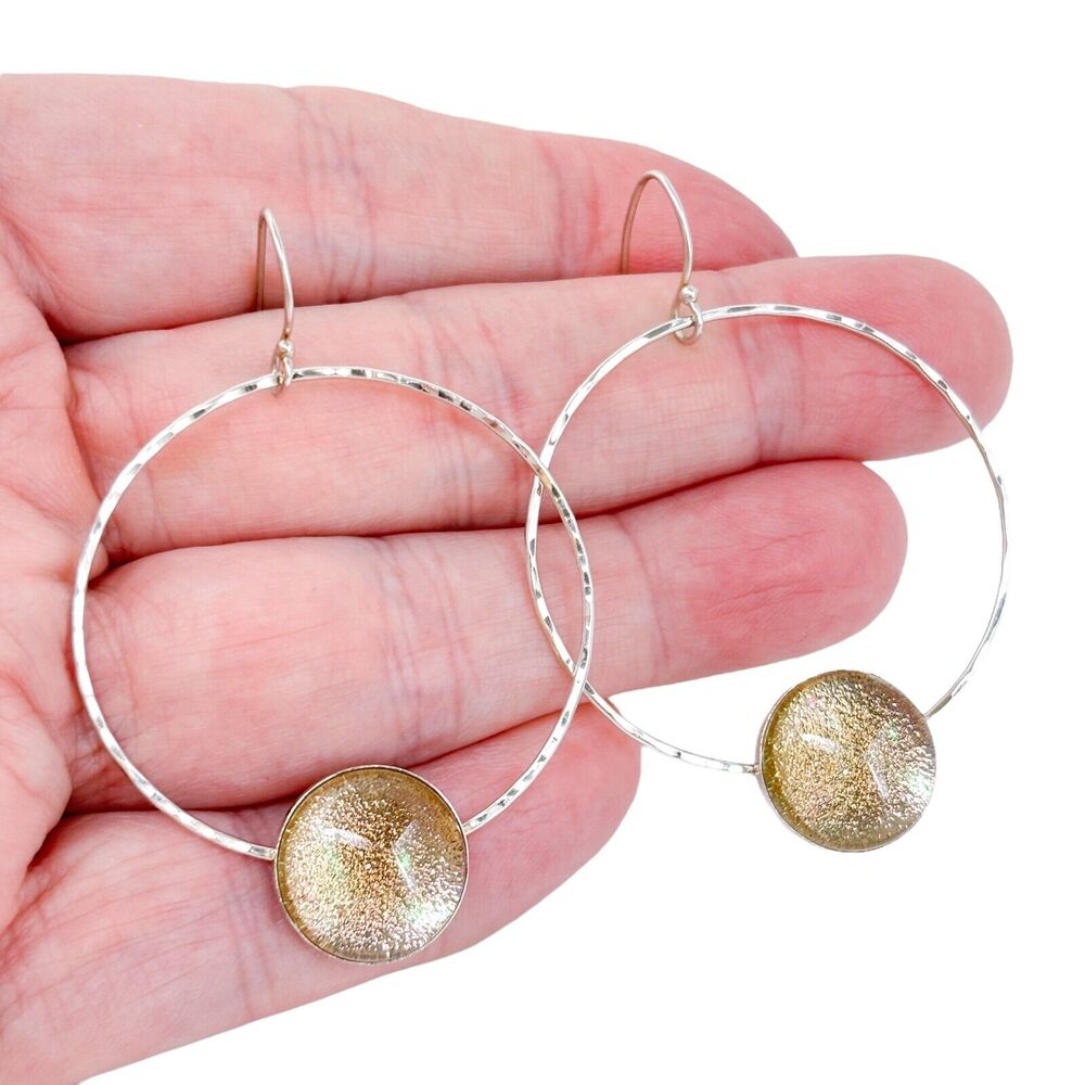 Estate Silver Tone Hoop Glass Accent Dangle Earrings